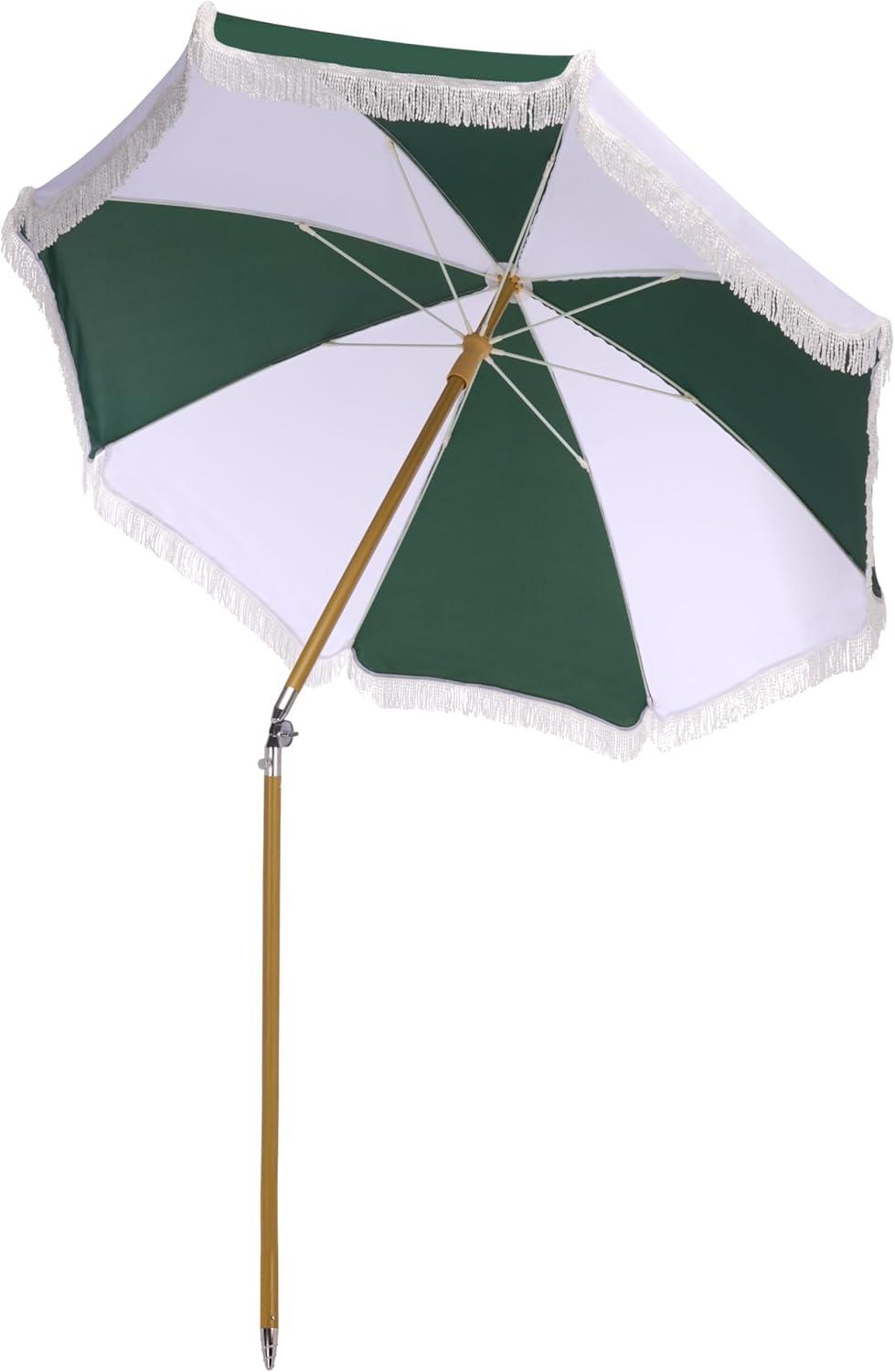 image:imageSAFAVIEH Outdoor Gallo 65 FT Beach Umbrella Canopy with White Fringe Trim Tilt Function Aluminum Pole Weather Resistant for Beach Patio Garden PAT8505Hunter Green Stripe