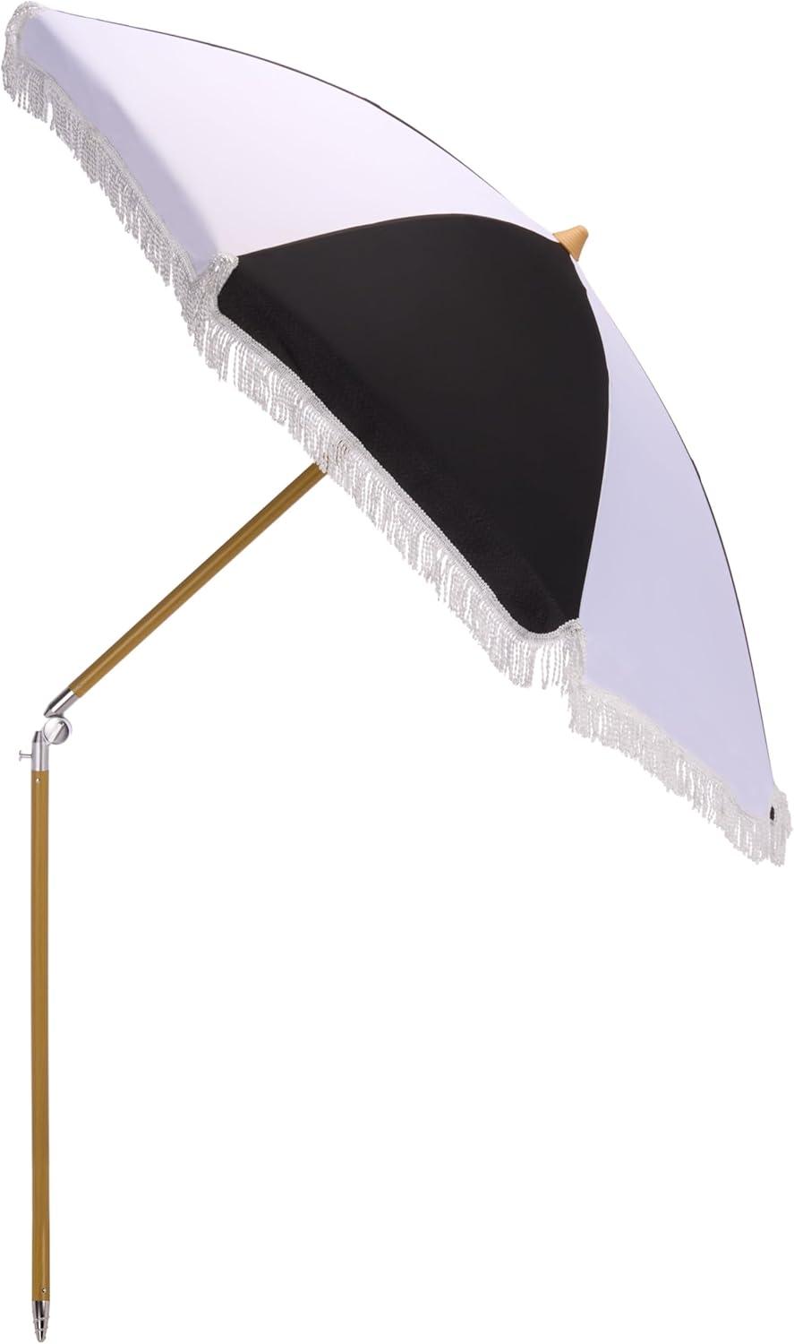 image:imageSAFAVIEH Outdoor Gallo 65 FT Beach Umbrella Canopy with White Fringe Trim Tilt Function Aluminum Pole Weather Resistant for Beach Patio Garden PAT8505Black Stripe