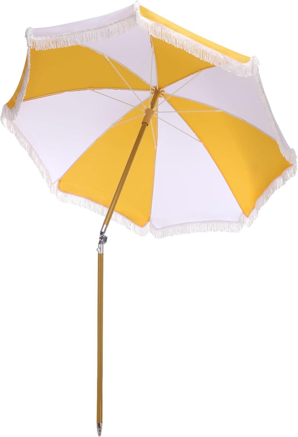 image:imageSAFAVIEH Outdoor Gallo 65 FT Beach Umbrella Canopy with White Fringe Trim Tilt Function Aluminum Pole Weather Resistant for Beach Patio Garden PAT8505Yellow Stripe