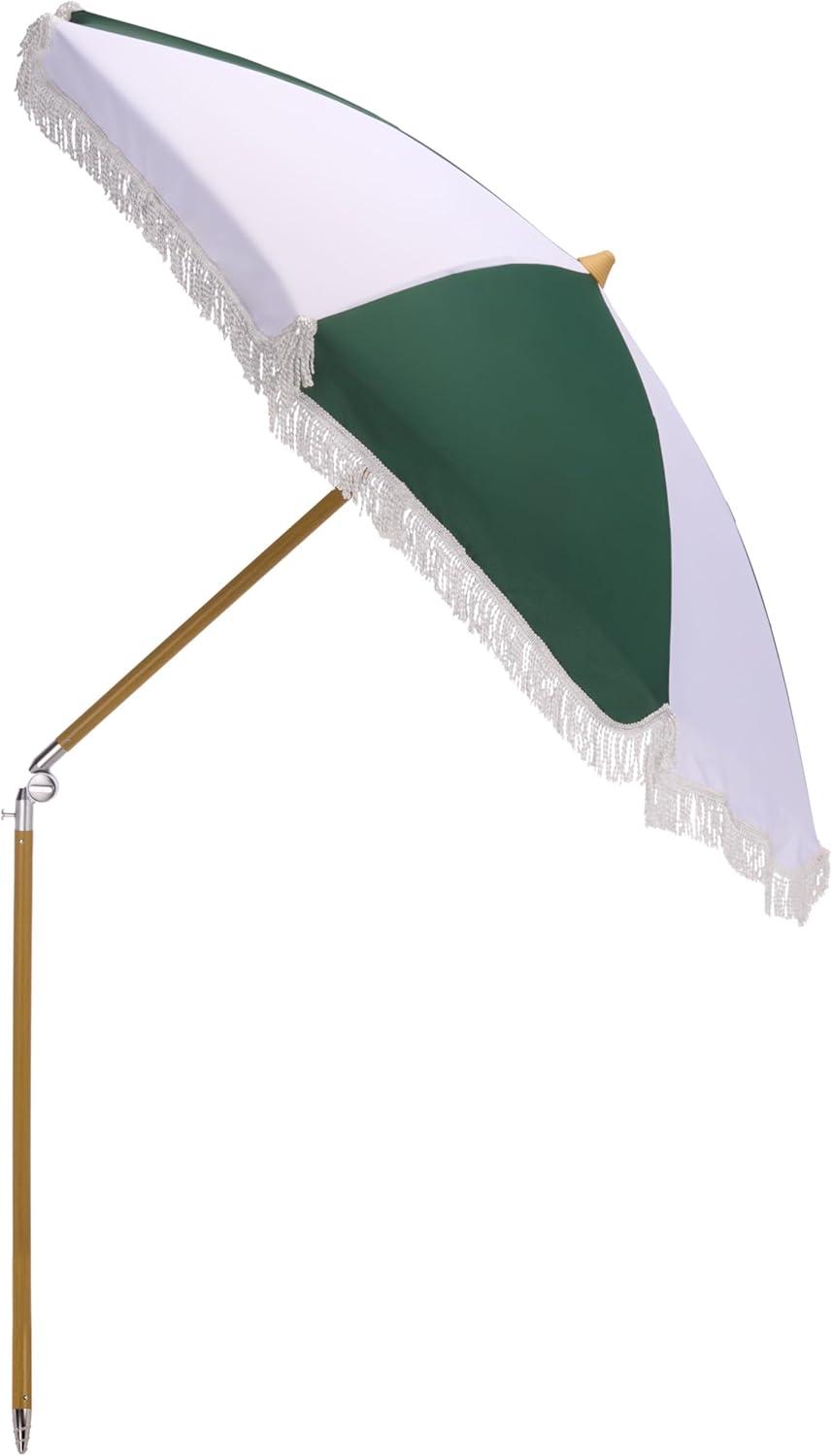 image:imageSAFAVIEH Outdoor Gallo 65 FT Beach Umbrella Canopy with White Fringe Trim Tilt Function Aluminum Pole Weather Resistant for Beach Patio Garden PAT8505Hunter Green Stripe