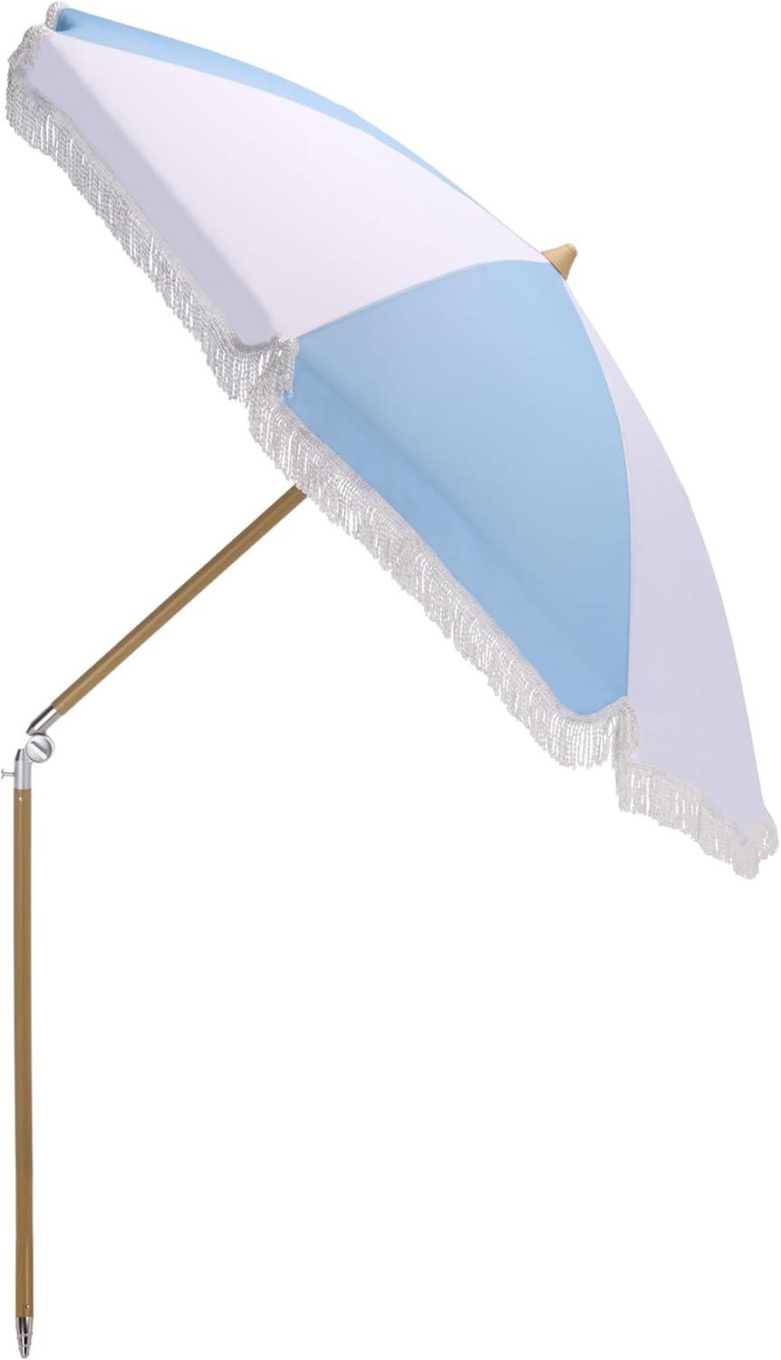 image:imageSAFAVIEH Outdoor Gallo 65 FT Beach Umbrella Canopy with White Fringe Trim Tilt Function Aluminum Pole Weather Resistant for Beach Patio Garden PAT8505Baby Blue Stripe