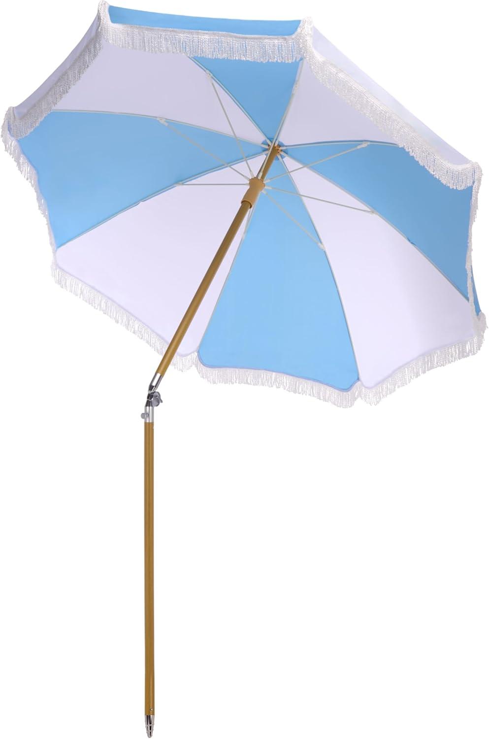 image:imageSAFAVIEH Outdoor Gallo 65 FT Beach Umbrella Canopy with White Fringe Trim Tilt Function Aluminum Pole Weather Resistant for Beach Patio Garden PAT8505Baby Blue Stripe