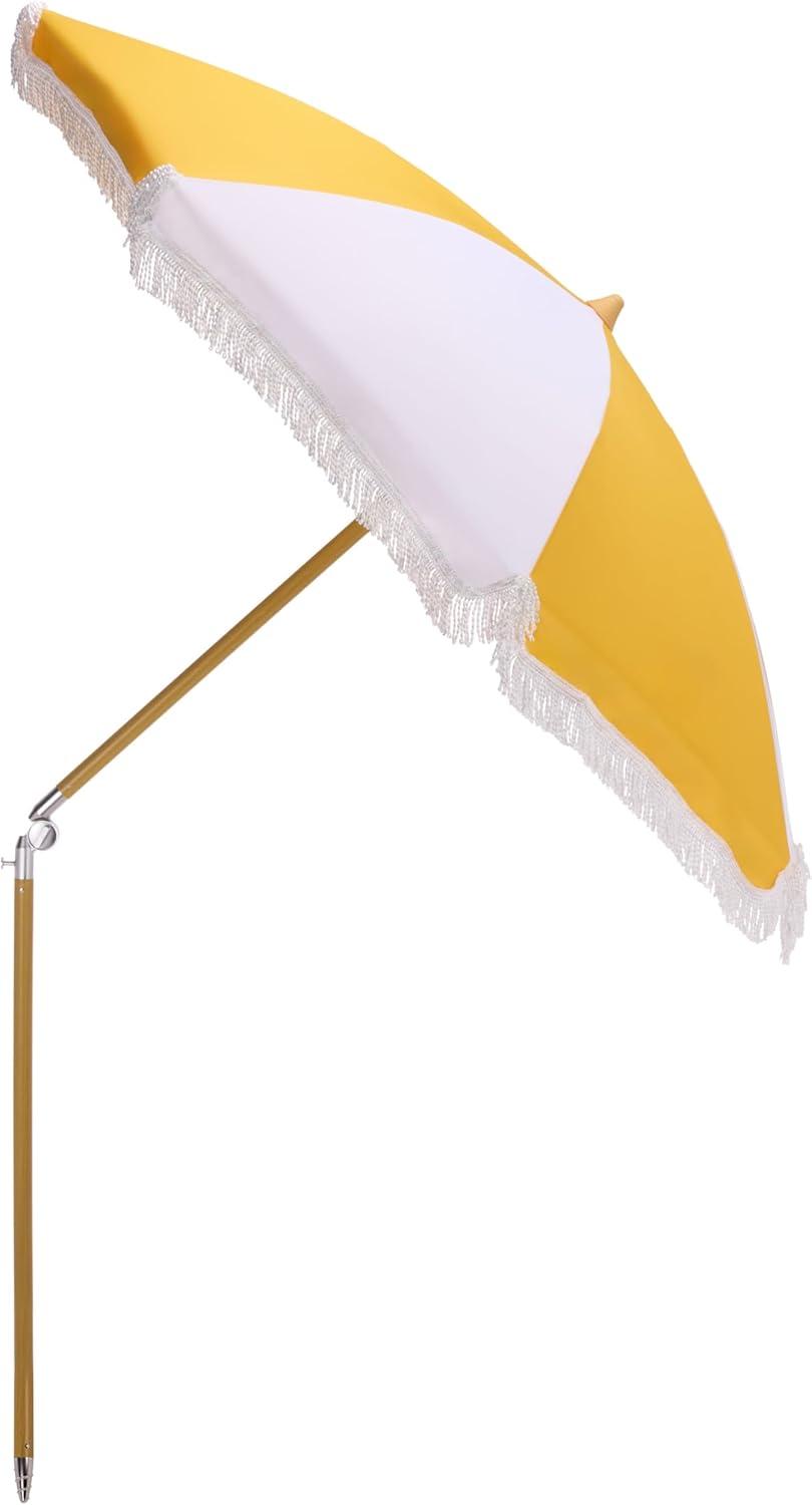 image:imageSAFAVIEH Outdoor Gallo 65 FT Beach Umbrella Canopy with White Fringe Trim Tilt Function Aluminum Pole Weather Resistant for Beach Patio Garden PAT8505Yellow Stripe