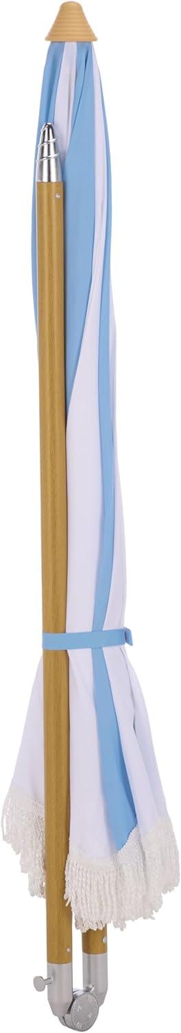 image:imageSAFAVIEH Outdoor Gallo 65 FT Beach Umbrella Canopy with White Fringe Trim Tilt Function Aluminum Pole Weather Resistant for Beach Patio Garden PAT8505Baby Blue Stripe