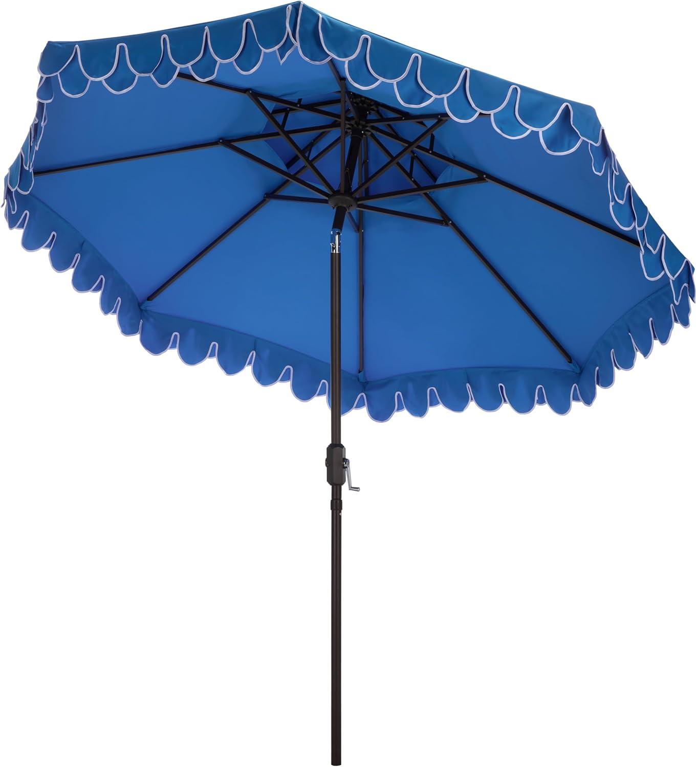 image:imageSAFAVIEH Outdoor Valance 9 FT Double Top Patio Umbrella Pacific Blue amp White Trim Crank Lift Aluminum Frame with Brown Pole Weather Resistant for Deck Backyard Garden PAT8206P