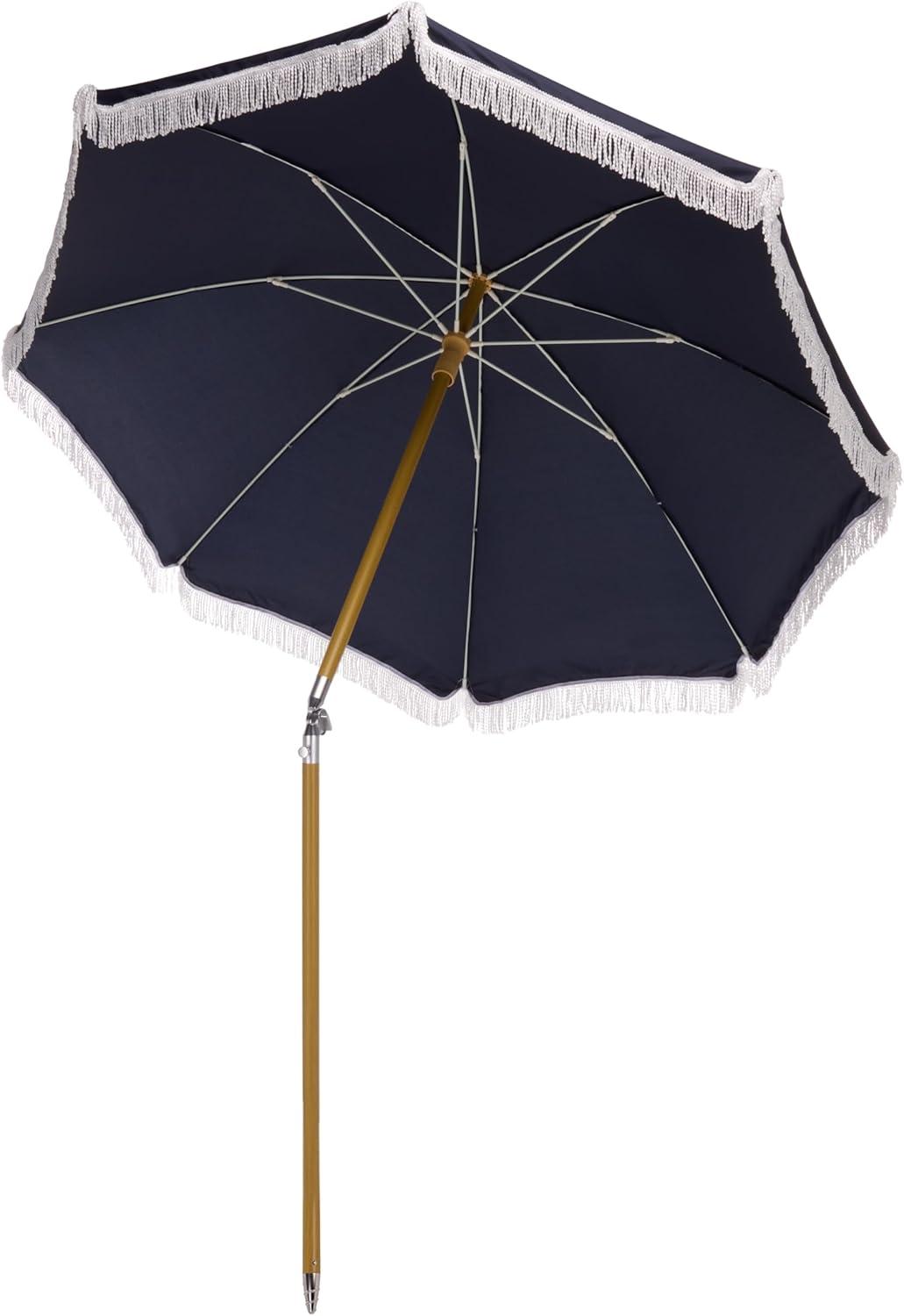 image:imageSAFAVIEH Outdoor Valencia 65 FT Beach Umbrella Canopy with White Fringe Trim Tilt Function Aluminum Pole Weather Resistant for Beach Patio Garden PAT8503Navy