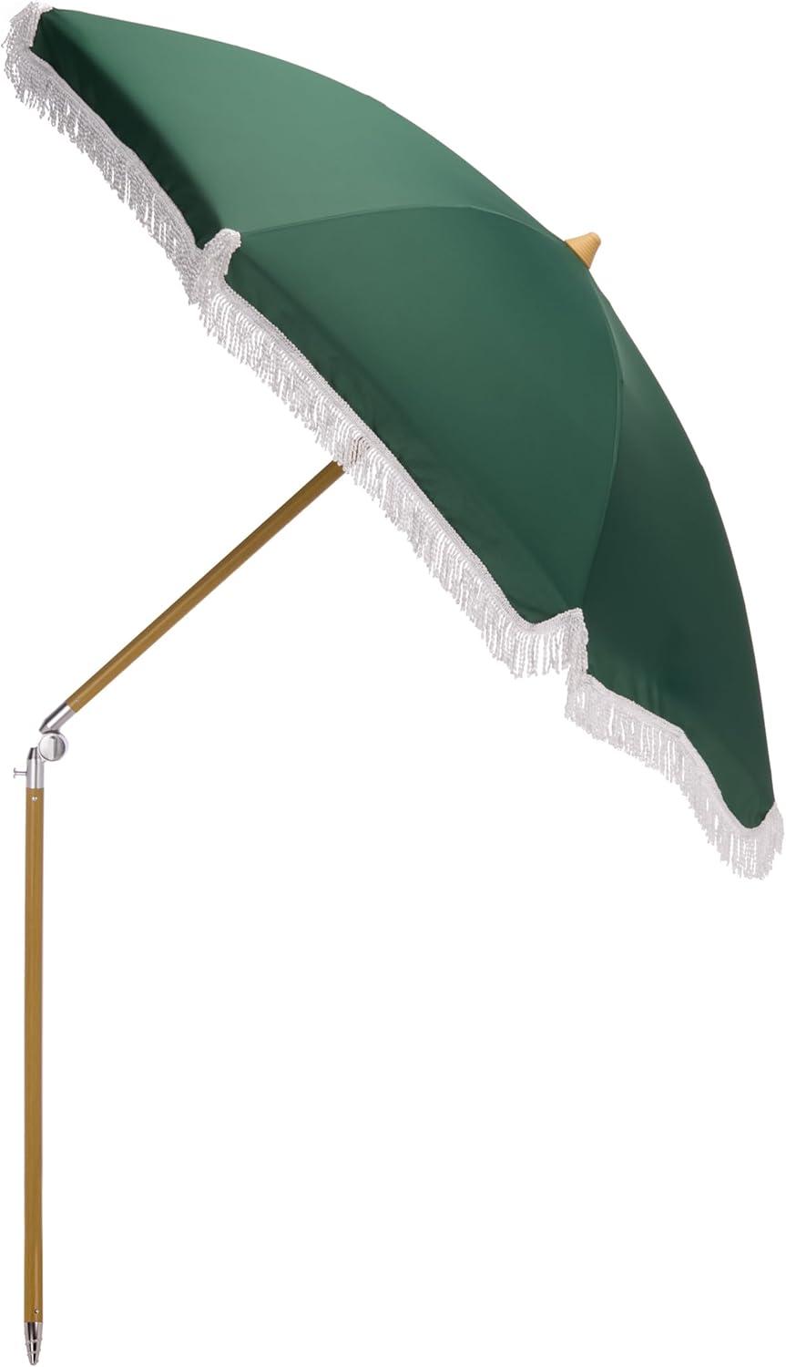 image:imageSAFAVIEH Outdoor Valencia 65 FT Beach Umbrella Canopy with White Fringe Trim Tilt Function Aluminum Pole Weather Resistant for Beach Patio Garden PAT8503Hunter Green