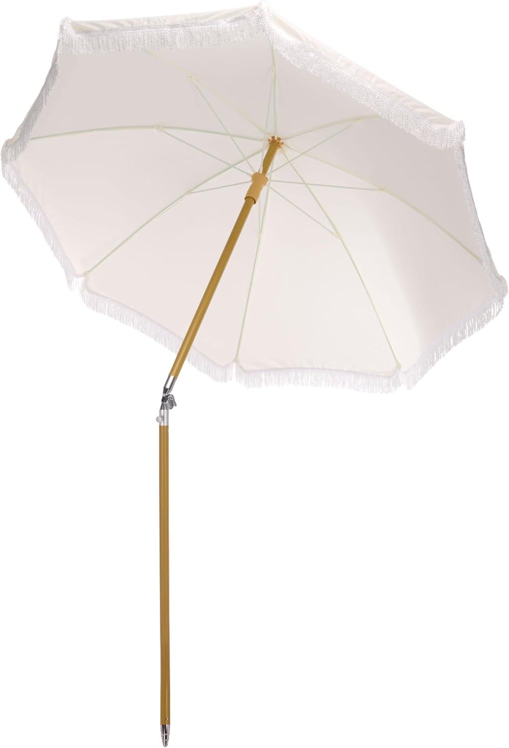 image:imageSAFAVIEH Outdoor Valencia 65 FT Beach Umbrella Canopy with White Fringe Trim Tilt Function Aluminum Pole Weather Resistant for Beach Patio Garden PAT8503Ivory