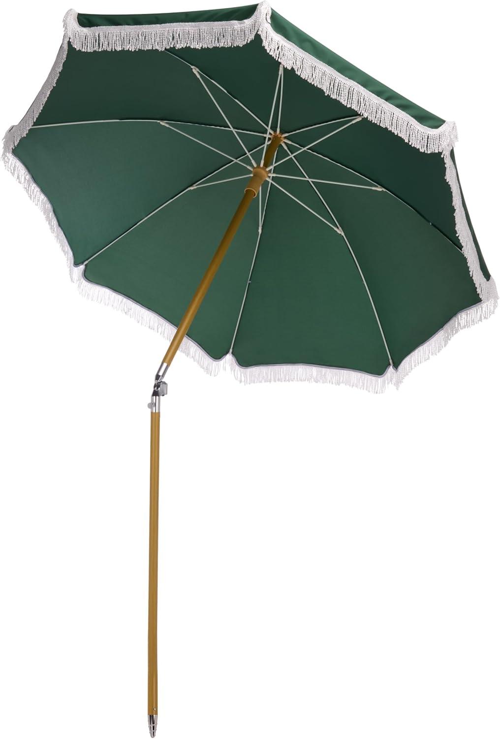 image:imageSAFAVIEH Outdoor Valencia 65 FT Beach Umbrella Canopy with White Fringe Trim Tilt Function Aluminum Pole Weather Resistant for Beach Patio Garden PAT8503Hunter Green