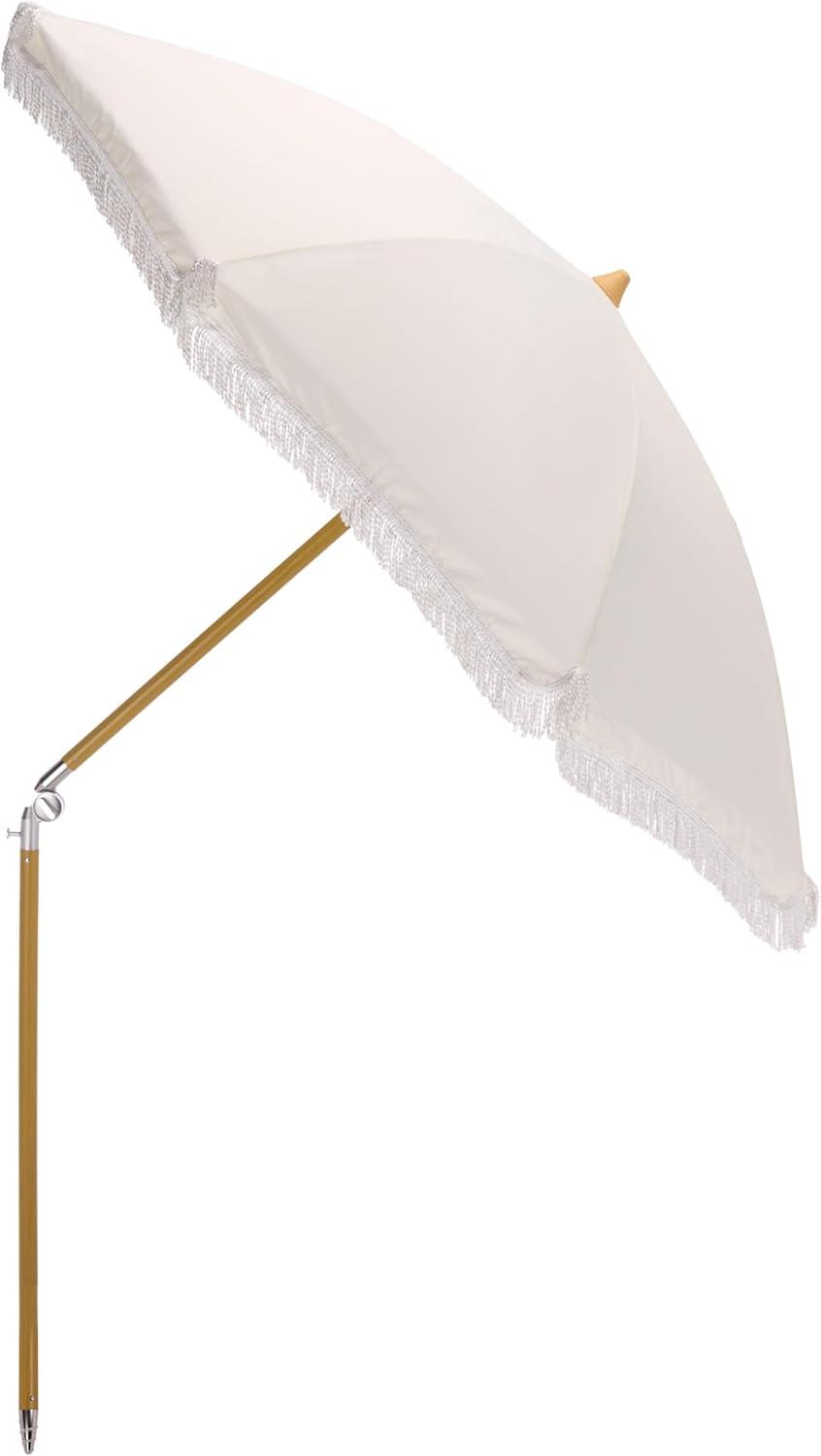 image:imageSAFAVIEH Outdoor Valencia 65 FT Beach Umbrella Canopy with White Fringe Trim Tilt Function Aluminum Pole Weather Resistant for Beach Patio Garden PAT8503Ivory