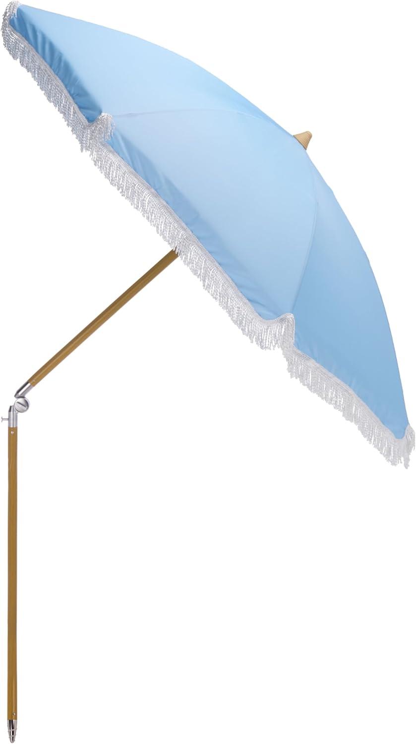 image:imageSAFAVIEH Outdoor Valencia 65 FT Beach Umbrella Canopy with White Fringe Trim Tilt Function Aluminum Pole Weather Resistant for Beach Patio Garden PAT8503Baby Blue