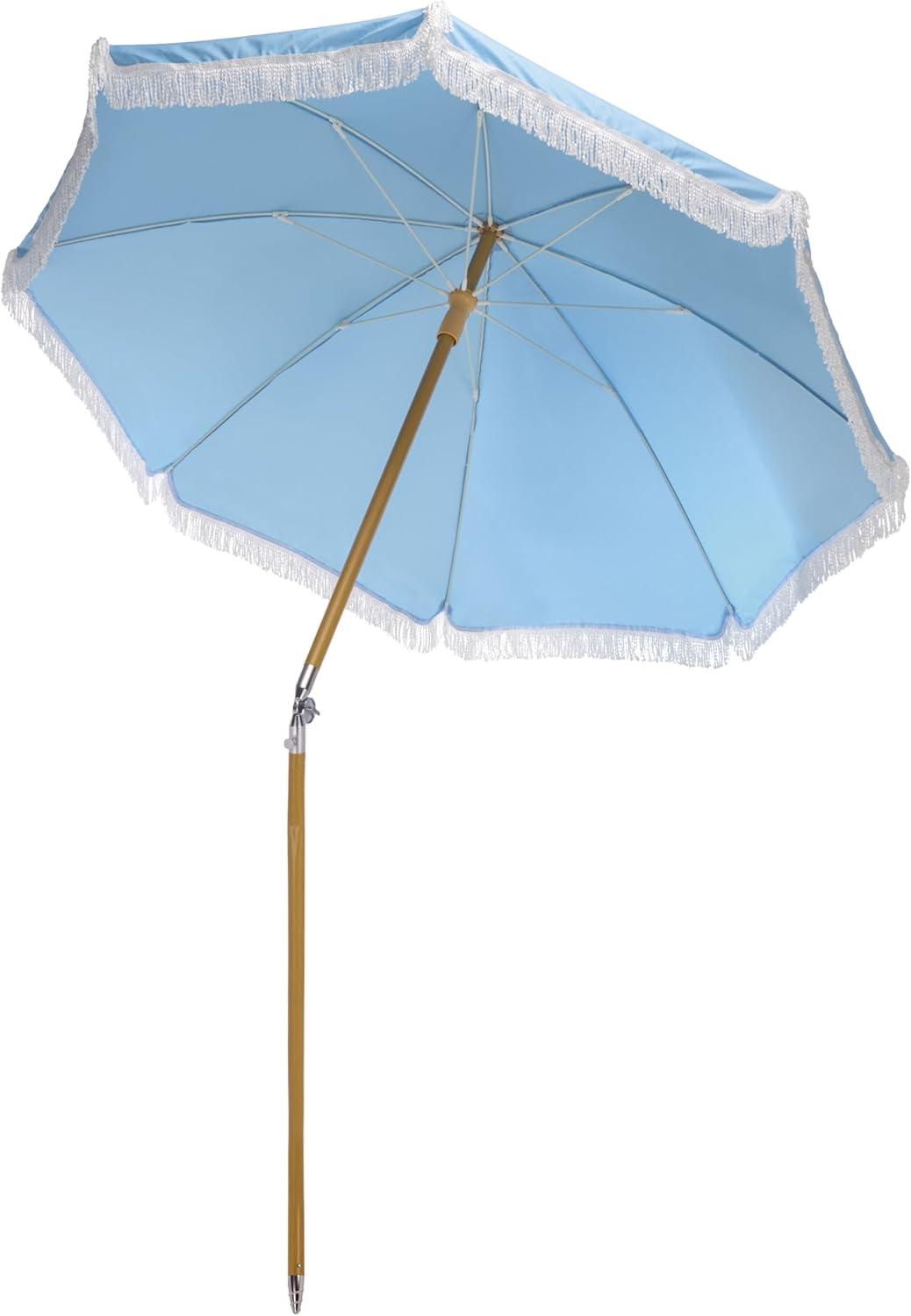 image:imageSAFAVIEH Outdoor Valencia 65 FT Beach Umbrella Canopy with White Fringe Trim Tilt Function Aluminum Pole Weather Resistant for Beach Patio Garden PAT8503Baby Blue