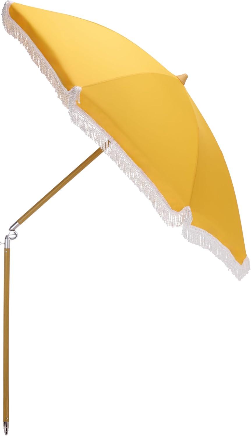 image:imageSAFAVIEH Outdoor Valencia 65 FT Beach Umbrella Canopy with White Fringe Trim Tilt Function Aluminum Pole Weather Resistant for Beach Patio Garden PAT8503Yellow