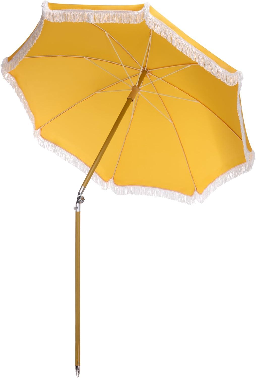 image:imageSAFAVIEH Outdoor Valencia 65 FT Beach Umbrella Canopy with White Fringe Trim Tilt Function Aluminum Pole Weather Resistant for Beach Patio Garden PAT8503Yellow