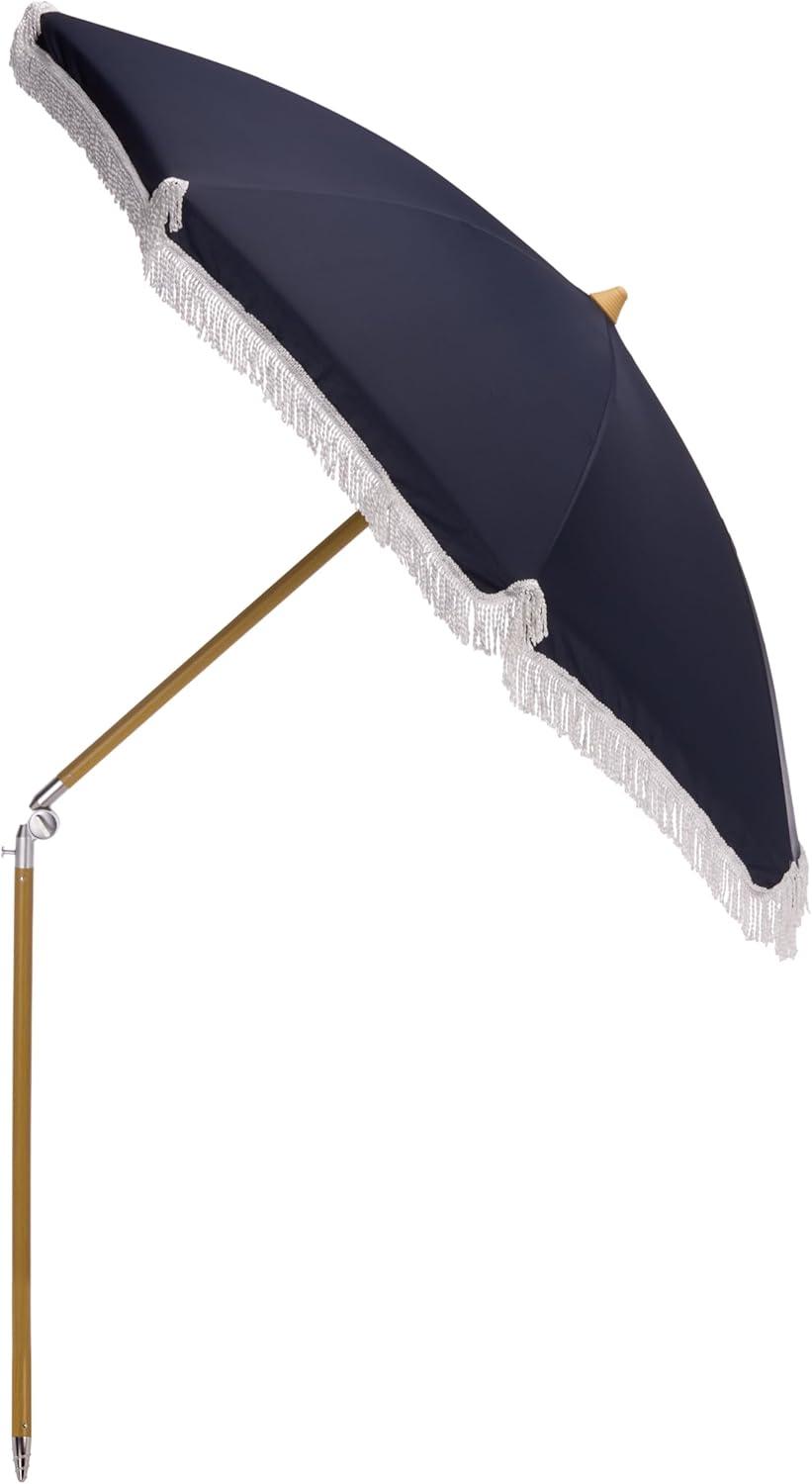 image:imageSAFAVIEH Outdoor Valencia 65 FT Beach Umbrella Canopy with White Fringe Trim Tilt Function Aluminum Pole Weather Resistant for Beach Patio Garden PAT8503Navy