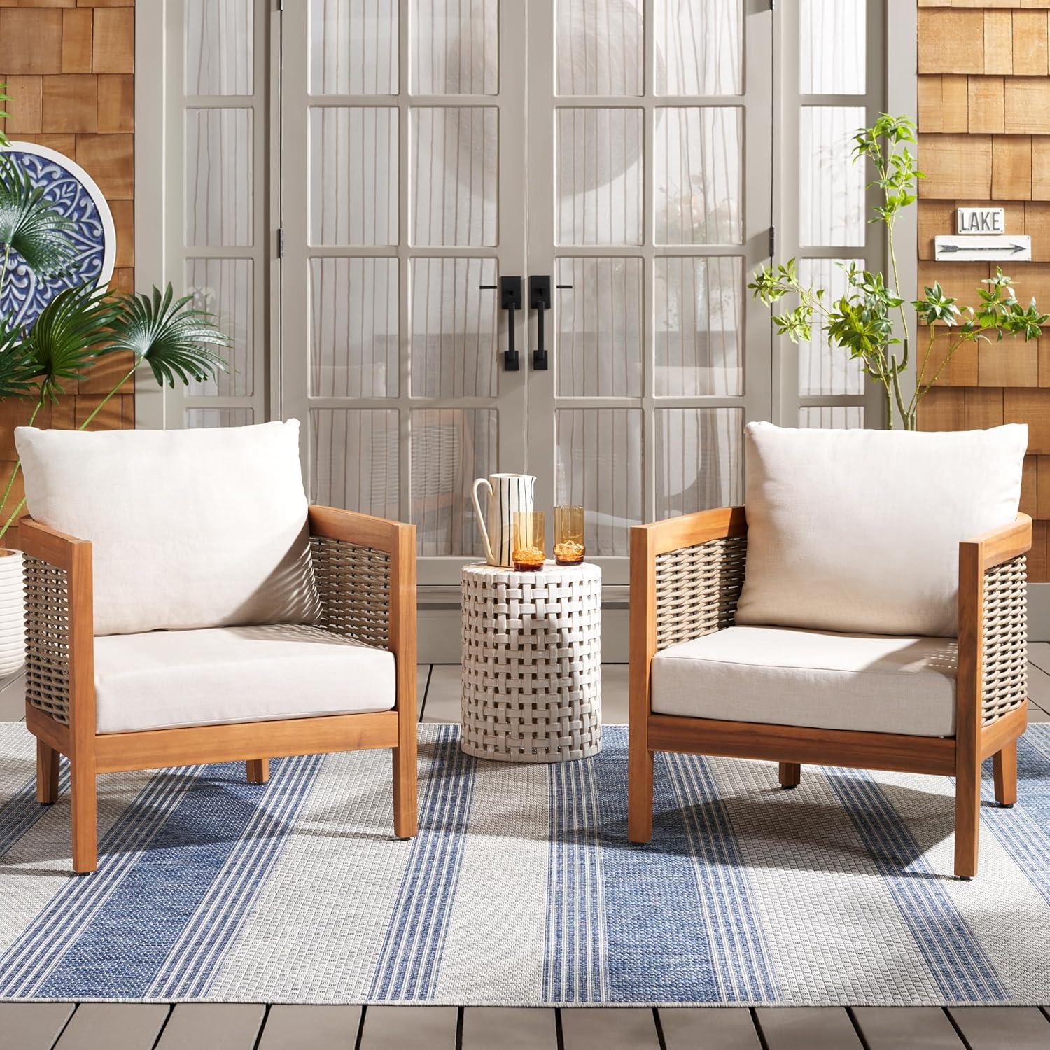 image:imageSAFAVIEH Outdoor Collection Amanda Natural Acacia Solid WoodTaupe Cushion Arm Chair Set of 2NaturalTaupe