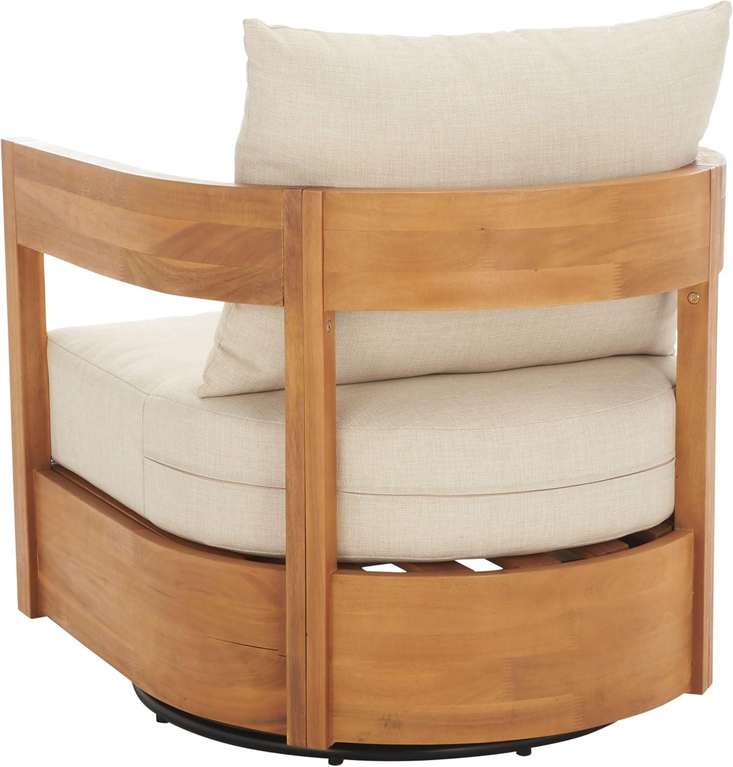 image:imageSAFAVIEH Outdoor Patio Furniture Collection Kento Natural Wood Swivel Chair with Taupe Cushions PAT7099ANaturalTaupe