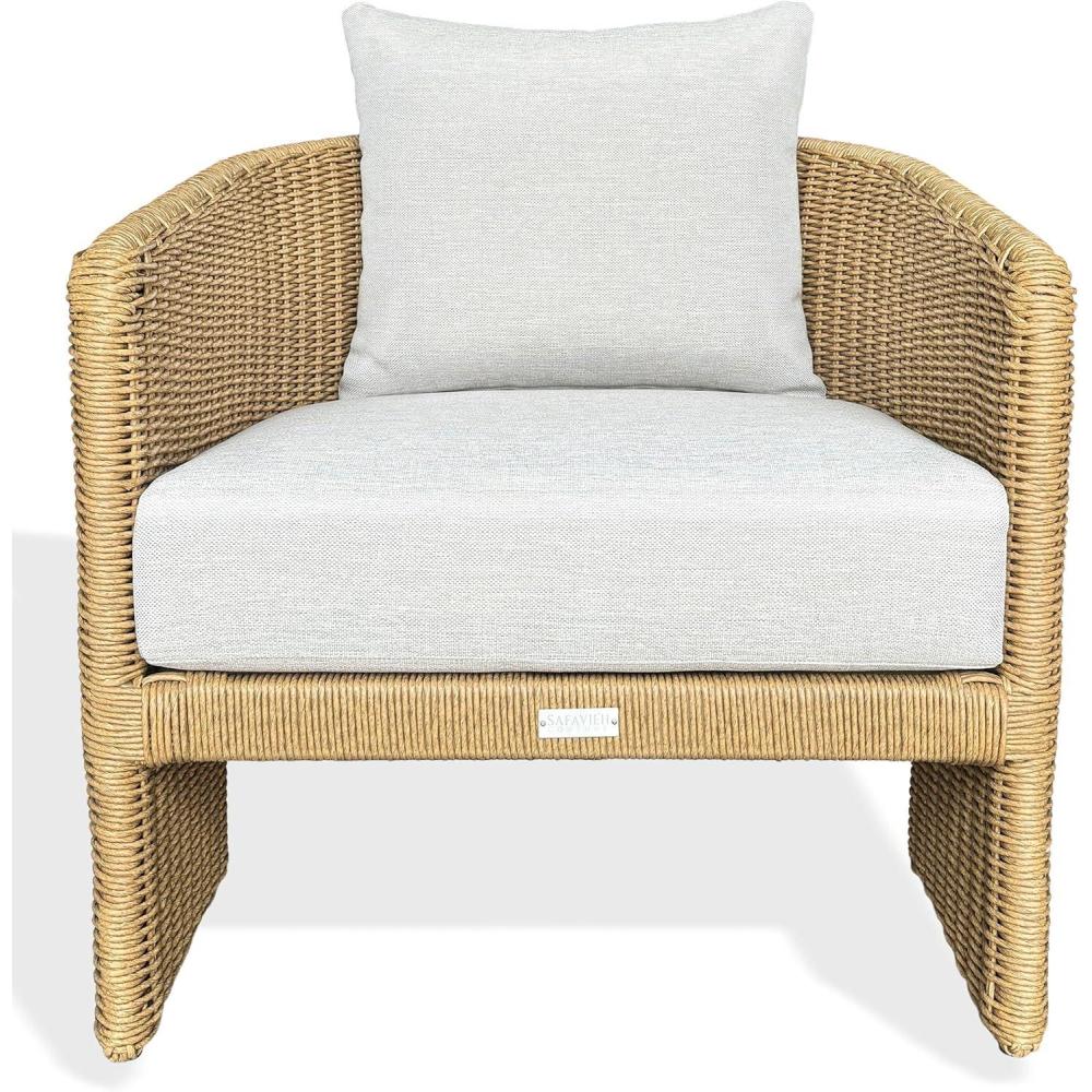 image:imageSAFAVIEH Couture  Outdoor Donya Wicler Accent Chair  Natural amp Beige  Weather Resistant Fully Assembled  Ideal for Patio Deck Backyard 17 Seat Height CPT4020ANaturalBeige