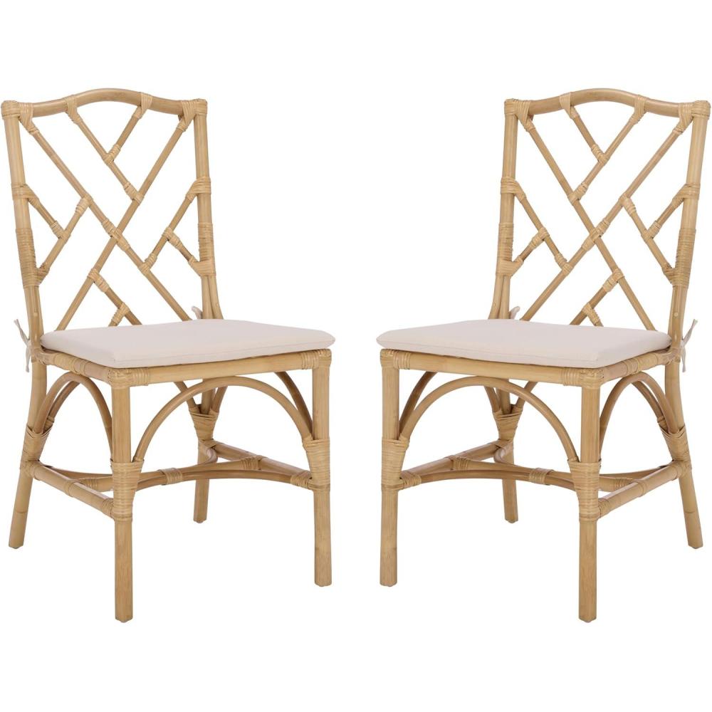 image:imageSAFAVIEH Home Collection  Chadale Rattan Dining Chair Set of 2 Natural amp Cream Upholstered Seat Coastal Boho Accent Chairs Fully Assembled SEA8037ANaturalCream