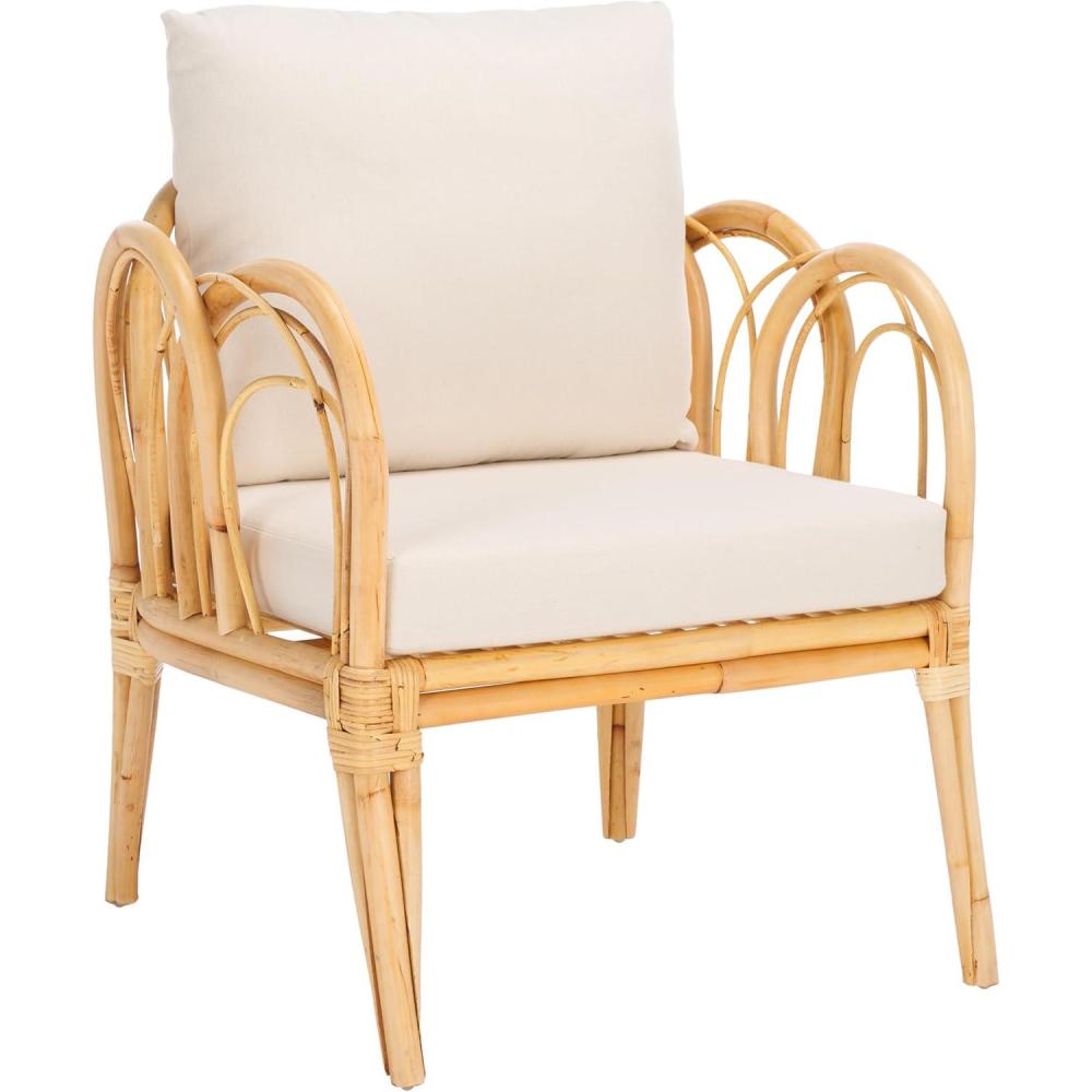 image:imageSAFAVIEH Home Collection Coralie Tropical WhiteNatural Solid Wood Accent Chair with Cushion Fully Assembled