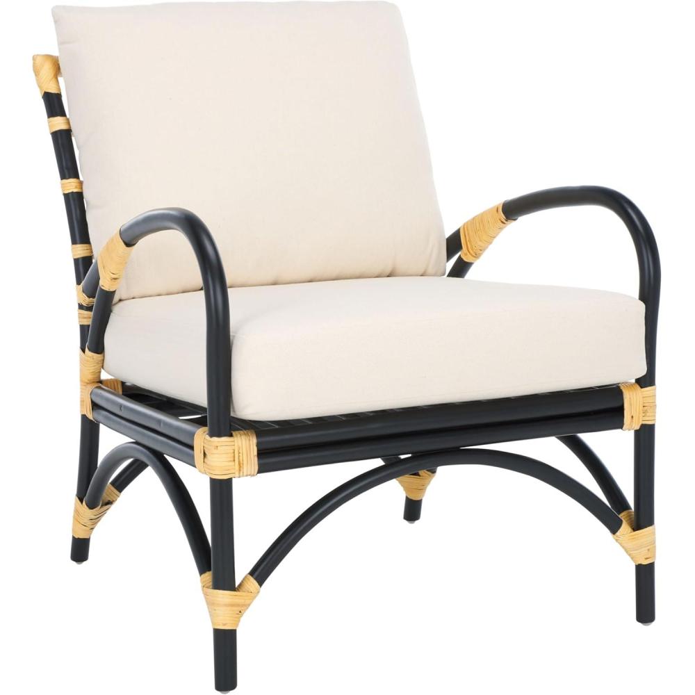 image:imageSAFAVIEH Home Collection Meara Tropical Coastal Black Rattan Accent Chair with Cushion Fully Assembled