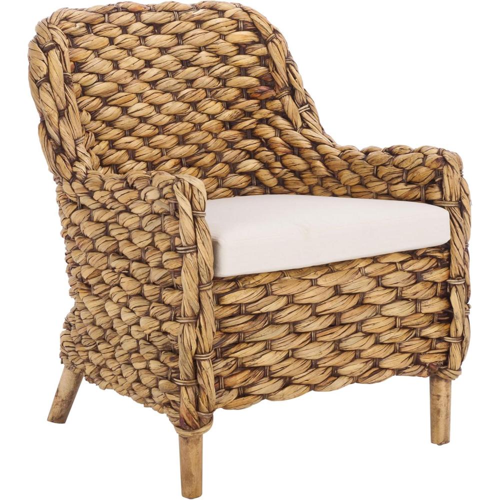 image:imageSAFAVIEH Home Collection Purrl Tropical Coastal Natural Solid Wood Hyacinth Accent Chair with Cushion Fully AssembledWhiteBrown Wash