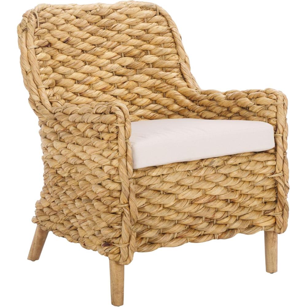 image:imageSAFAVIEH Home Collection Purrl Tropical Coastal Natural Solid Wood Hyacinth Accent Chair with Cushion Fully AssembledWhiteNatural