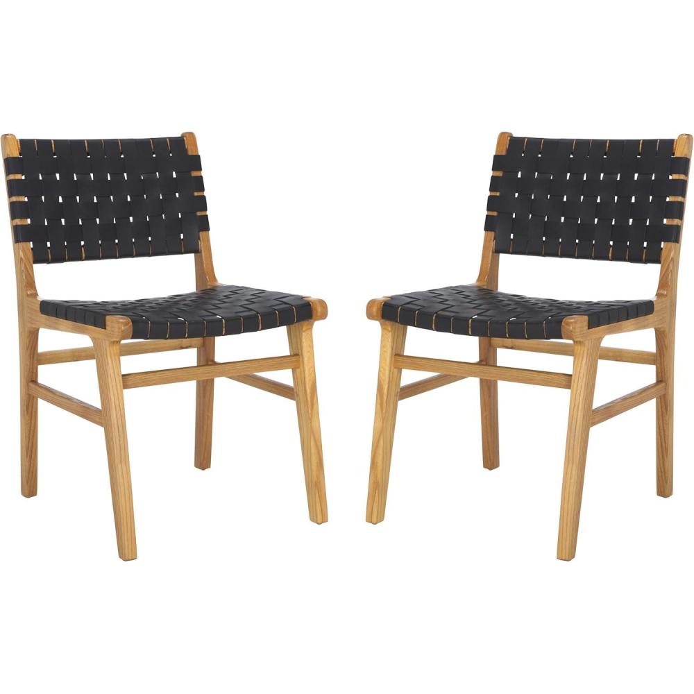 image:imageSAFAVIEH Home Collection Taika Black Woven LeatherLight Natural Solid Wood Dining Chair Set of 2 Fully AssembledBlack  Natural