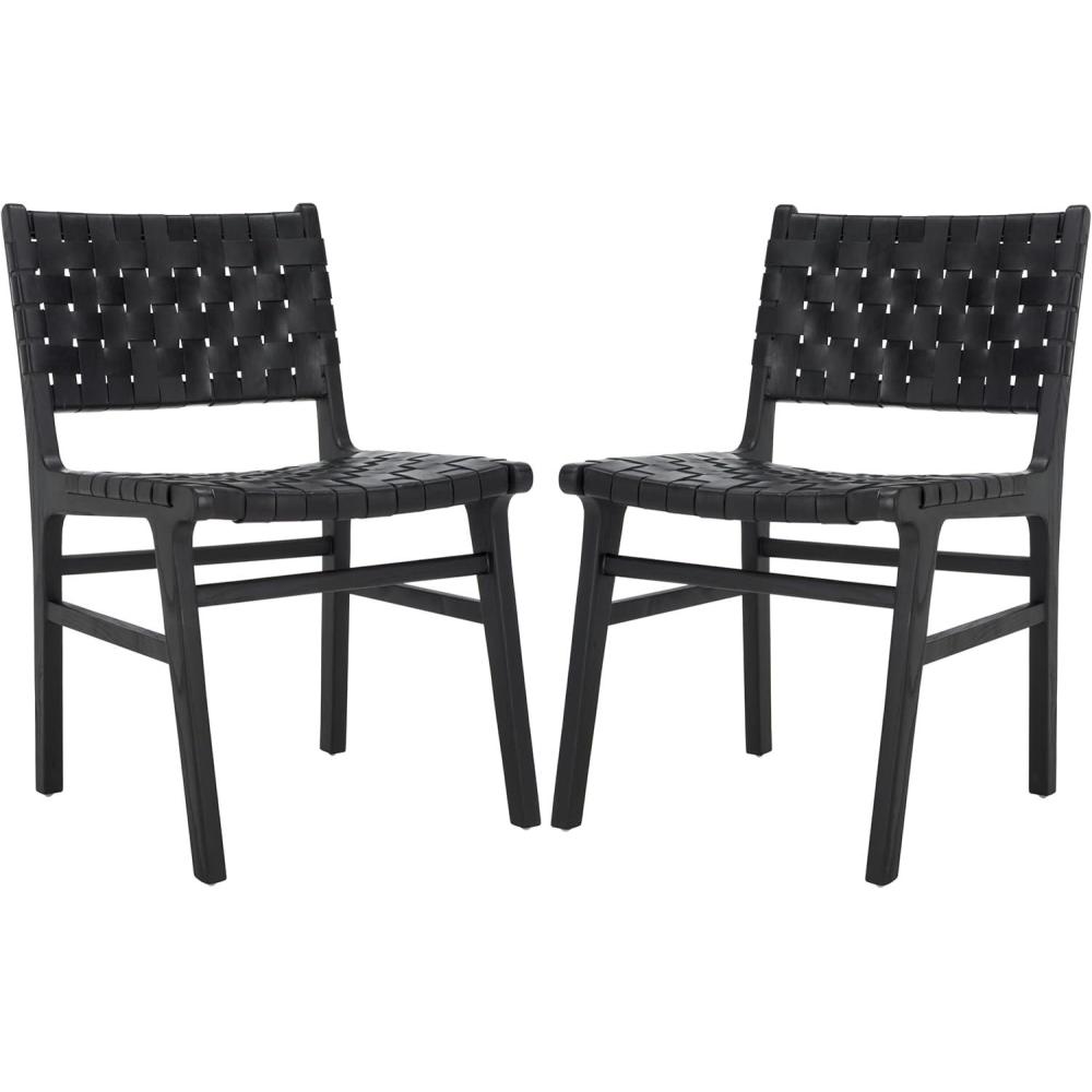 image:imageSAFAVIEH Home Collection Taika Black Woven LeatherLight Natural Solid Wood Dining Chair Set of 2 Fully AssembledBlack
