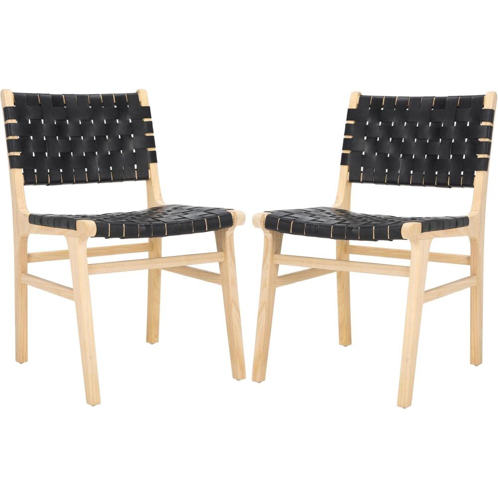 image:imageSAFAVIEH Home Collection Taika Black Woven LeatherLight Natural Solid Wood Dining Chair Set of 2 Fully AssembledBlackLight Natural