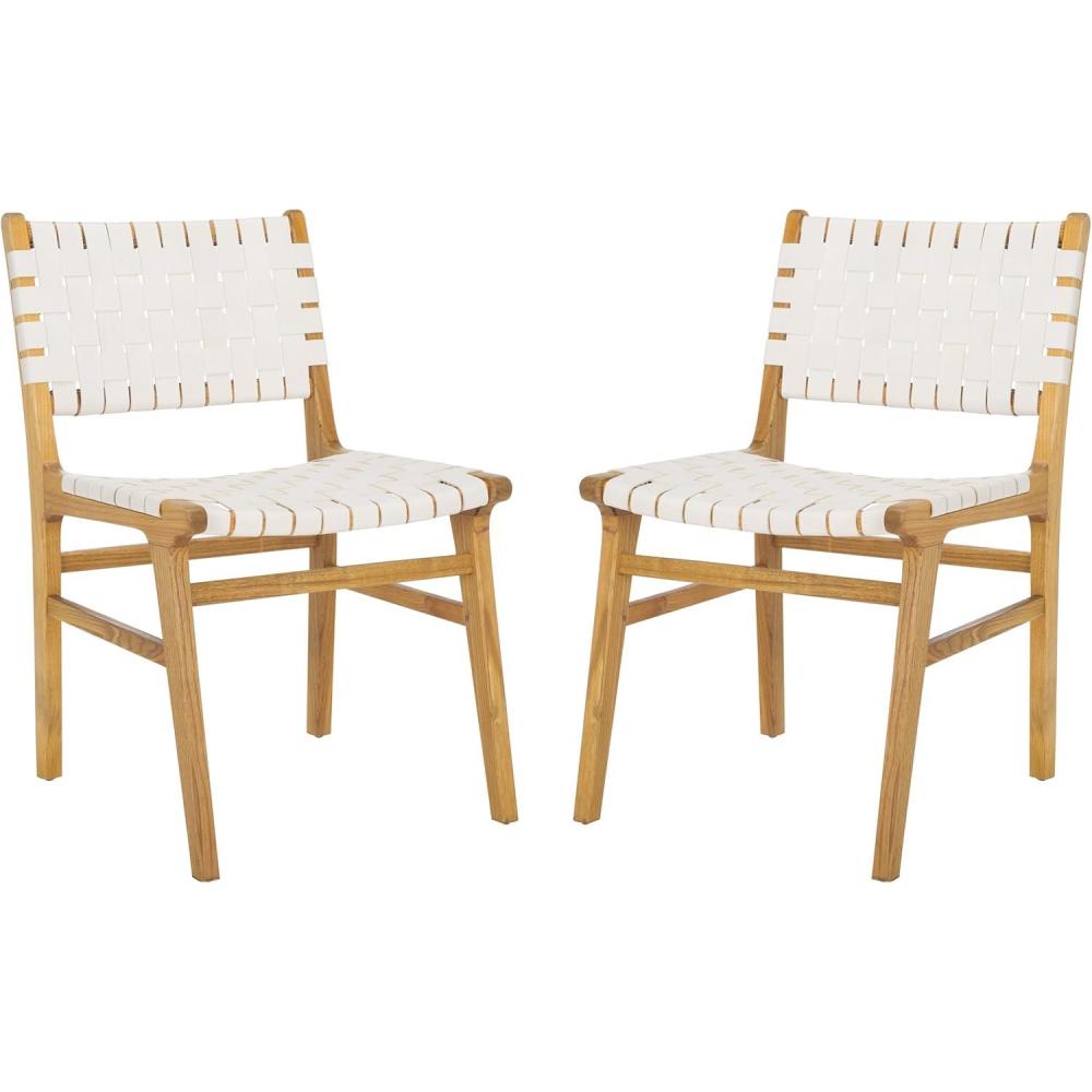 image:imageSAFAVIEH Home Collection Taika Black Woven LeatherLight Natural Solid Wood Dining Chair Set of 2 Fully AssembledWhite  Natural