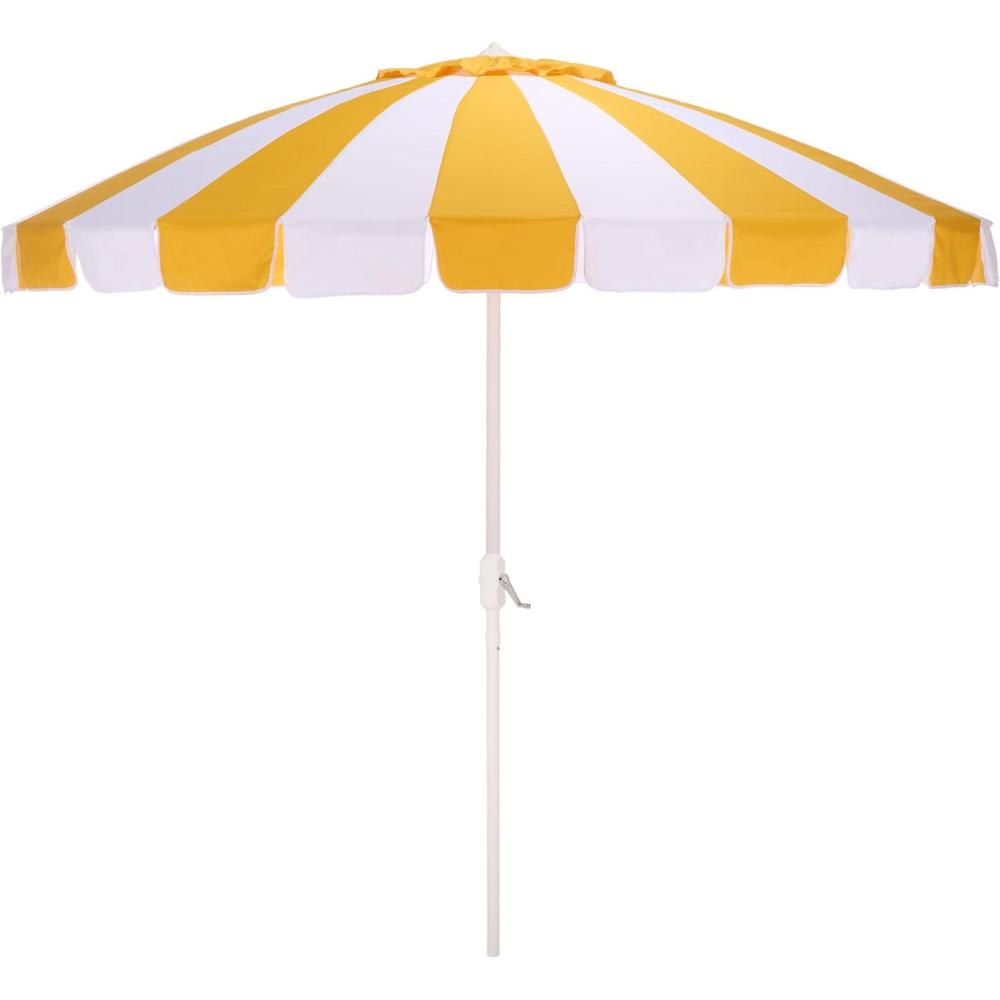 image:imageSAFAVIEH Outdoor  Buti 9 FT Patio Umbrella  Crank Lift Aluminum Frame with White Pole Weather Resistant for Deck Backyard Garden PAT8027Yellow StripeWhite