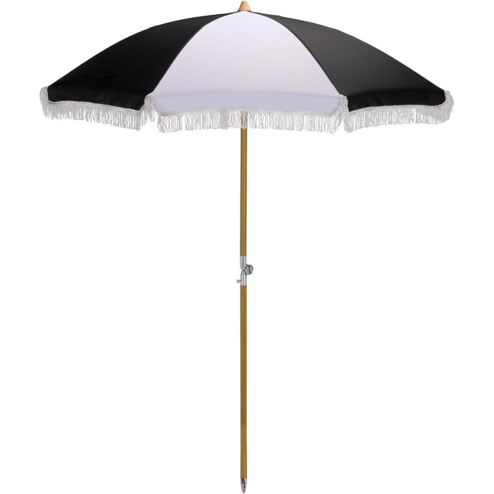 image:imageSAFAVIEH Outdoor Gallo 65 FT Beach Umbrella Canopy with White Fringe Trim Tilt Function Aluminum Pole Weather Resistant for Beach Patio Garden PAT8505Black Stripe