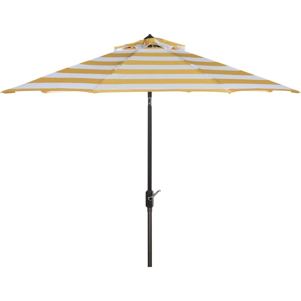 image:imageSAFAVIEH Outdoor  Iris 11 FT Round Patio Umbrella  Yellow Stripe Crank Lift Aluminum Frame with Brown Pole Weather Resistant for Deck Backyard Garden PAT8104Y