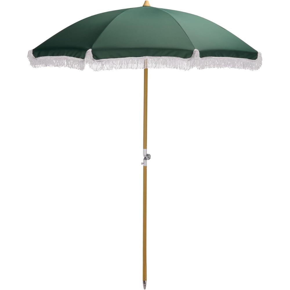 image:imageSAFAVIEH Outdoor Valencia 65 FT Beach Umbrella Canopy with White Fringe Trim Tilt Function Aluminum Pole Weather Resistant for Beach Patio Garden PAT8503Hunter Green