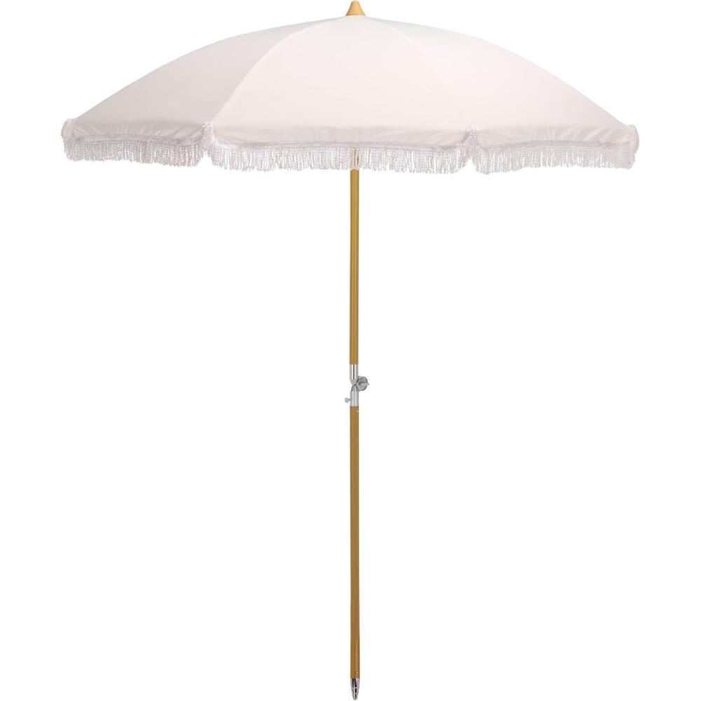 image:imageSAFAVIEH Outdoor Valencia 65 FT Beach Umbrella Canopy with White Fringe Trim Tilt Function Aluminum Pole Weather Resistant for Beach Patio Garden PAT8503Ivory