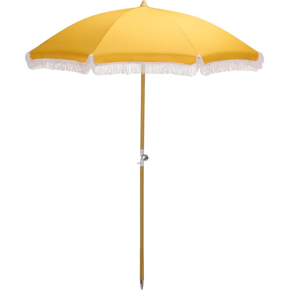 image:imageSAFAVIEH Outdoor Valencia 65 FT Beach Umbrella Canopy with White Fringe Trim Tilt Function Aluminum Pole Weather Resistant for Beach Patio Garden PAT8503Yellow