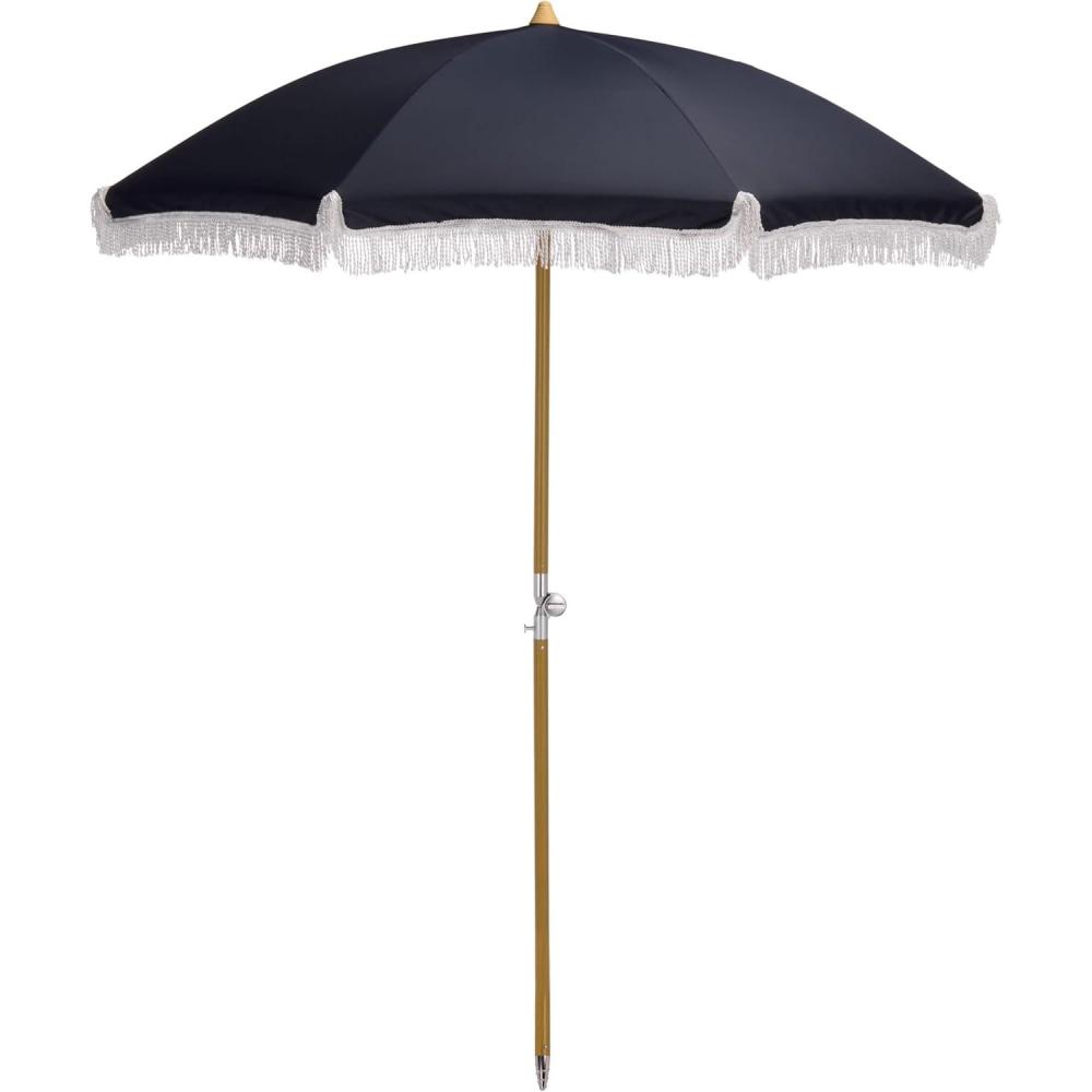 image:imageSAFAVIEH Outdoor Valencia 65 FT Beach Umbrella Canopy with White Fringe Trim Tilt Function Aluminum Pole Weather Resistant for Beach Patio Garden PAT8503Navy