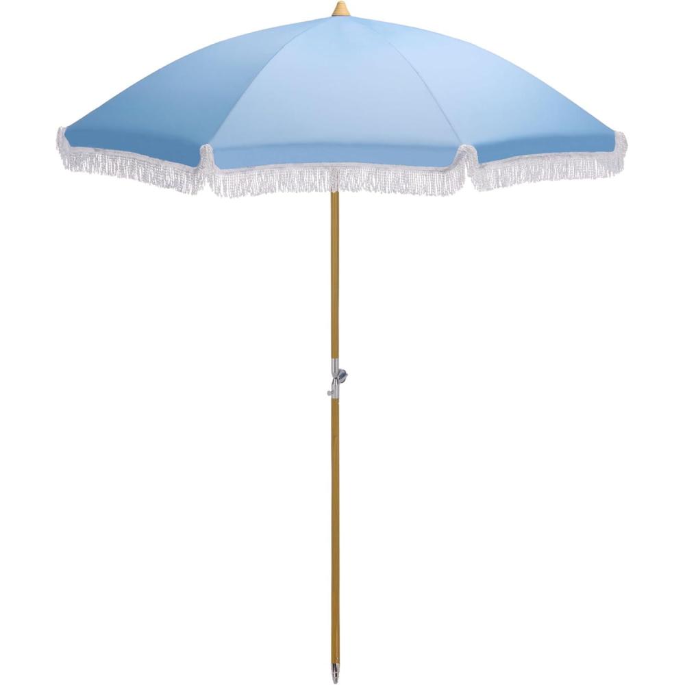 image:imageSAFAVIEH Outdoor Valencia 65 FT Beach Umbrella Canopy with White Fringe Trim Tilt Function Aluminum Pole Weather Resistant for Beach Patio Garden PAT8503Baby Blue