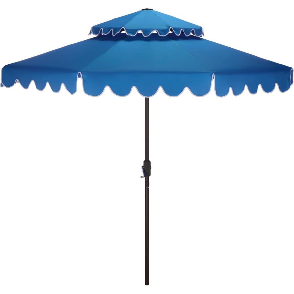 image:imageSAFAVIEH Outdoor Venice 9 FT Double Top Patio Umbrella Pacific Blue amp White Trim Crank Lift Aluminum Frame with Brown Pole Weather Resistant for Deck Backyard Garden PAT8210P