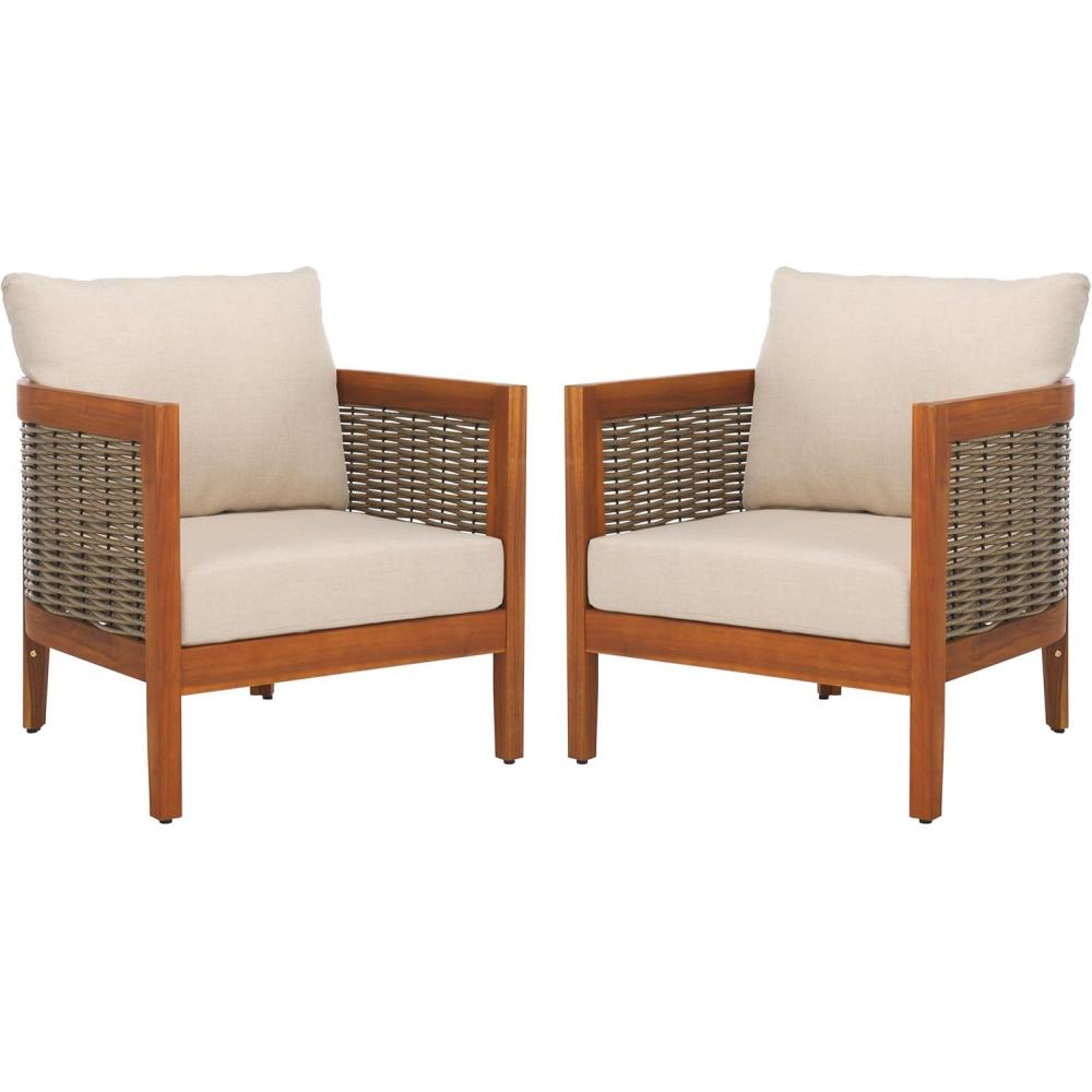image:imageSAFAVIEH Outdoor Collection Amanda Natural Acacia Solid WoodTaupe Cushion Arm Chair Set of 2NaturalTaupe