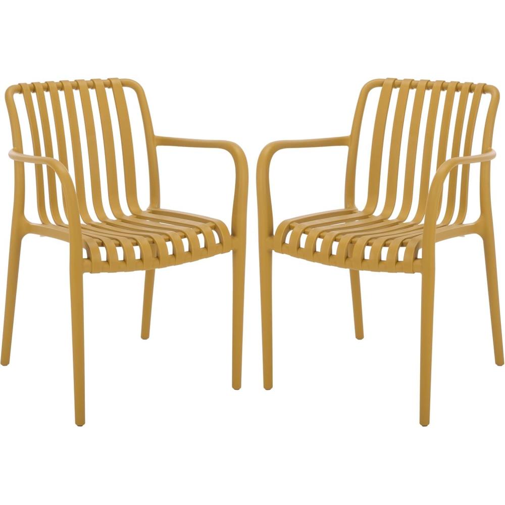 image:imageSAFAVIEH Outdoor Patio Furniture Collection  Holly Green Stacking Dining Armchair Set of 2 Fully Assembled Outdoor Chairs Modern Slatted Design WeatherResistant Patio Seating PAT4702DSET2Yellow