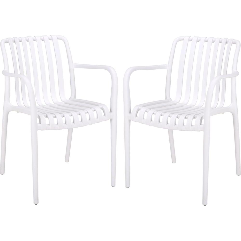 image:imageSAFAVIEH Outdoor Patio Furniture Collection  Holly Green Stacking Dining Armchair Set of 2 Fully Assembled Outdoor Chairs Modern Slatted Design WeatherResistant Patio Seating PAT4702DSET2White