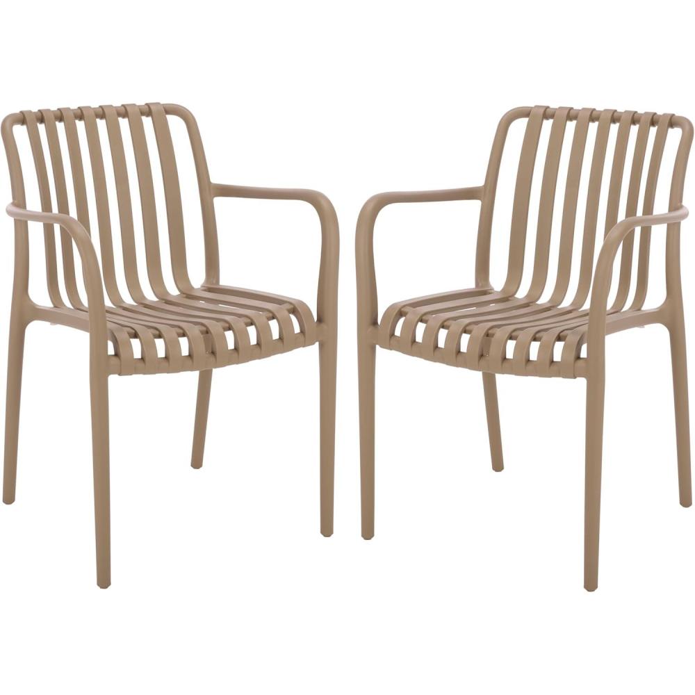 image:imageSAFAVIEH Outdoor Patio Furniture Collection  Holly Green Stacking Dining Armchair Set of 2 Fully Assembled Outdoor Chairs Modern Slatted Design WeatherResistant Patio Seating PAT4702DSET2Beige