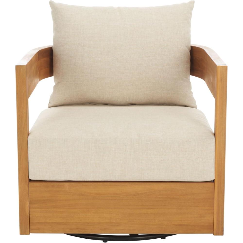 image:imageSAFAVIEH Outdoor Patio Furniture Collection  Kento Natural Wood Swivel Chair with Taupe Cushions PAT7099ANaturalTaupe