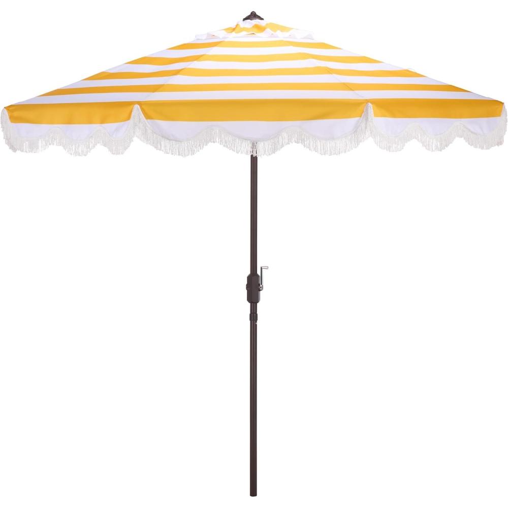 image:imageSAFAVIEH Outdoor Patio Furniture Collection Lucerna 9 Ft Crank Patio Umbrella Yellow Stripe amp Brown Pole Market Umbrella with Crank Lift PAT8015YYellow Striped