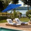 SAFAVIEH Outdoor – Valance 9 FT Double Top Patio Umbrella – Pacific Blue & White Trim, Crank Lift, Aluminum Frame with Brown Pole, Weather Resistant for Deck, Backyard, Garden (PAT8206P)