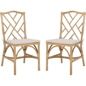 SAFAVIEH Home Collection – Chadale Rattan Dining Chair Set of 2, Natural & Cream Upholstered Seat, Coastal Boho Accent Chairs, Fully Assembled (SEA8037A)(Natural/Cream)