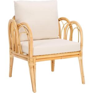 SAFAVIEH Home Collection Coralie Tropical White/Natural Solid Wood Accent Chair with Cushion (Fully Assembled)