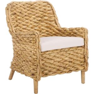 SAFAVIEH Home Collection Purrl Tropical Coastal Natural Solid Wood Hyacinth Accent Chair with Cushion (Fully Assembled)(White/Natural)